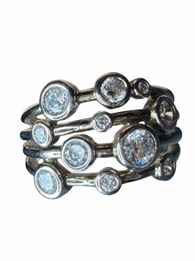 Multi band bubble sterling silver ring with round bezel set CZ size 8